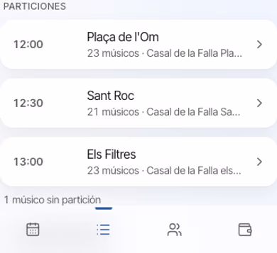 Vista del día con sus tres particiones, cada una con su hora y su número de músicos, y la bandeja de quien todavía no tiene partición.