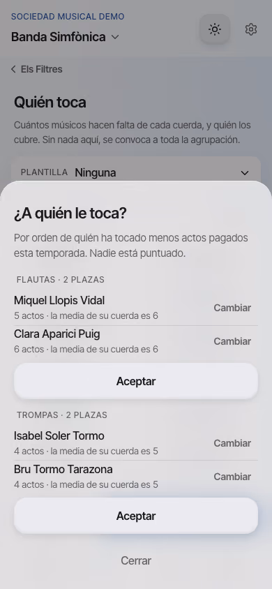 Hoja «¿A quién le toca?»: por cada cuerda con plazas, los candidatos en orden de quién ha tocado menos actos pagados desde la última liquidación, con sus actos frente a la media de su cuerda.
